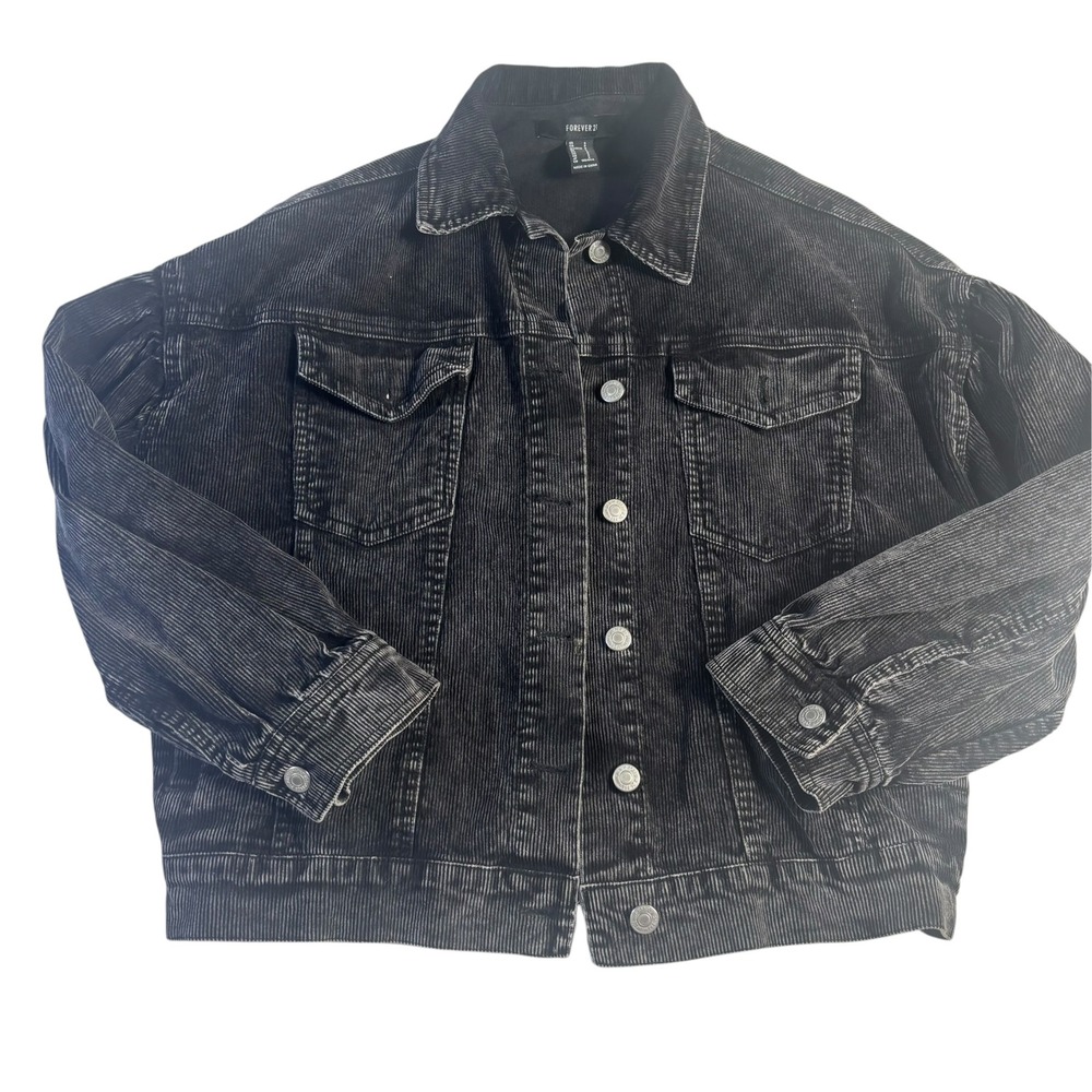 Forever 21 Washed Black Corduroy Puff Sleeve Trucker Jacket Small Relaxed Fit
